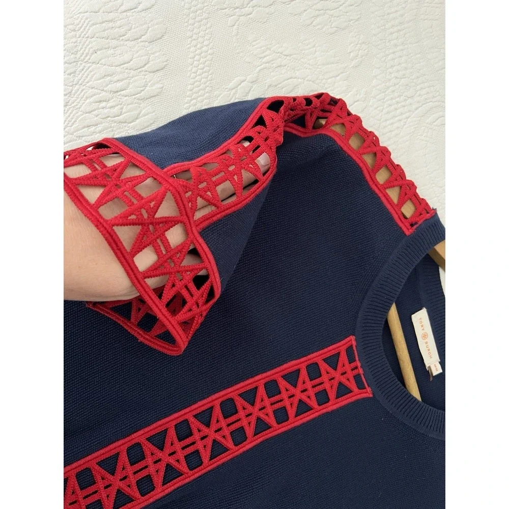 Tory Burch Knit Cotton Navy Blue Red Geo Cut Out Knit Yacht Top Blouse Coastal M